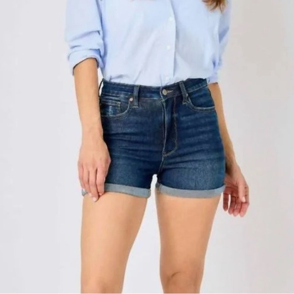 Judy Blue Pants - Judy Blue Pull On Jean Shorts High Rise Cuffed Denim Dark Wash Womens Small